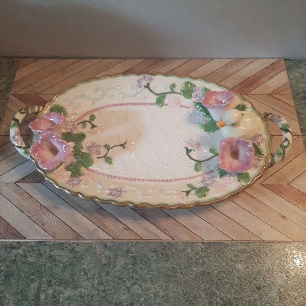 Vintage Avon Easter Spring Serving Platter Pottery Dish Duck Flowers Handle 2001 - Picture 9 of 13